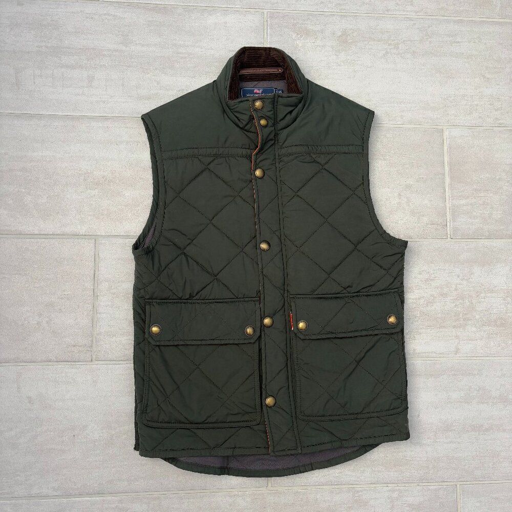 Vineyard Vines Vest Hunter Green Orange Trim XS Puffer Pockets Zip Button Preppy